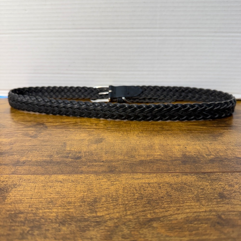 Vtg Black Braided Genuine Leather Belt Womens M/L Silver Buckle Preppy Classic - Picture 10 of 10